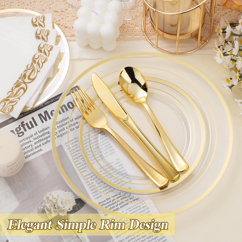 BESTSTAR 200PCS Clear Gold Plastic Plates Set, 100 10.25 inch Dinner Plates and 100 7.5 inch Dessert Plates, Disposable Plates for Party, Wedding - Image 5