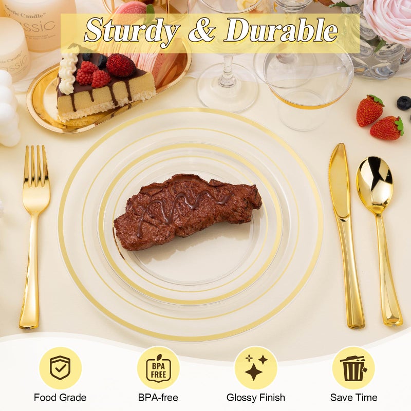 BESTSTAR 200PCS Clear Gold Plastic Plates Set, 100 10.25 inch Dinner Plates and 100 7.5 inch Dessert Plates, Disposable Plates for Party, Wedding - Image 4