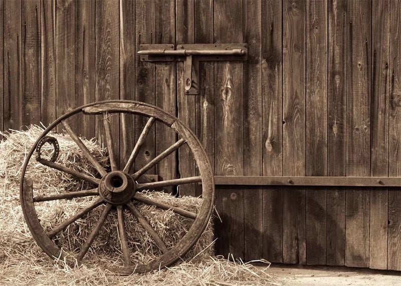 BELECO 10x65ft Fabric Cowboys Photo Backdrop Front of Old Barn with Antique Wheel Hay Bales Country Theme Phtography Backdrop for Party Kids Photoshoot Western Photo Props L0001 - Image 2