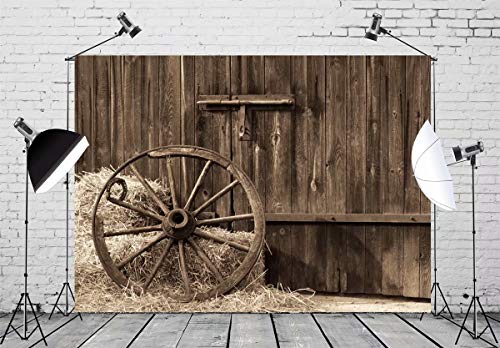 BELECO 10x65ft Fabric Cowboys Photo Backdrop Front of Old Barn with Antique Wheel Hay Bales Country Theme Phtography Backdrop for Party Kids Photoshoot Western Photo Props L0001 - Image 3