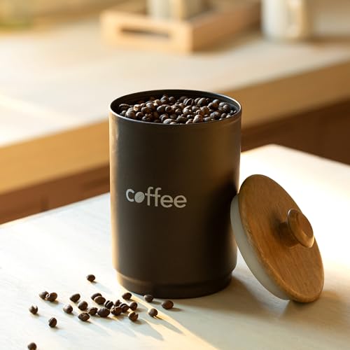 Ellementry Charcoal Brown Coffee Jar with Lid, Rustic Airtight Storage Container for Tea, Coffee, Sugar, Snacks for Kitchen use, Organizer for Countertop & Pantry Use (11 x 11 x 18 cm) - Image 1