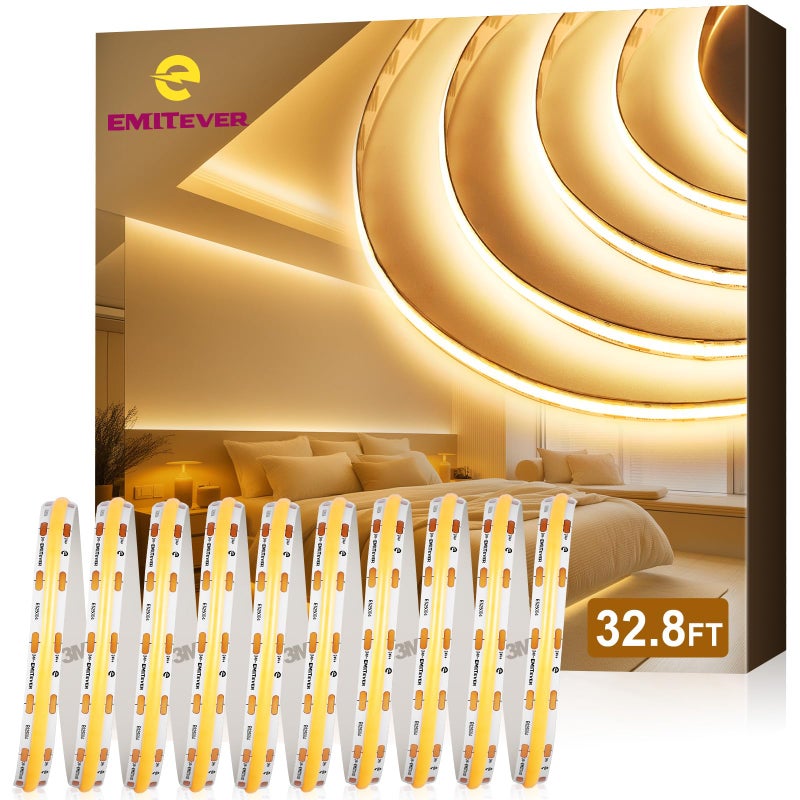 EMITEVER COB LED Strip Lights Warm White 32.8ft, 3000K 24V Dimmable Tape Light Premium High Density, 305LM+/ft, 4800LEDs, Ra 90+, 3W/FT, UL Listed for Cabinets, Shelves(Power Supply Sold Separately) - Image 1