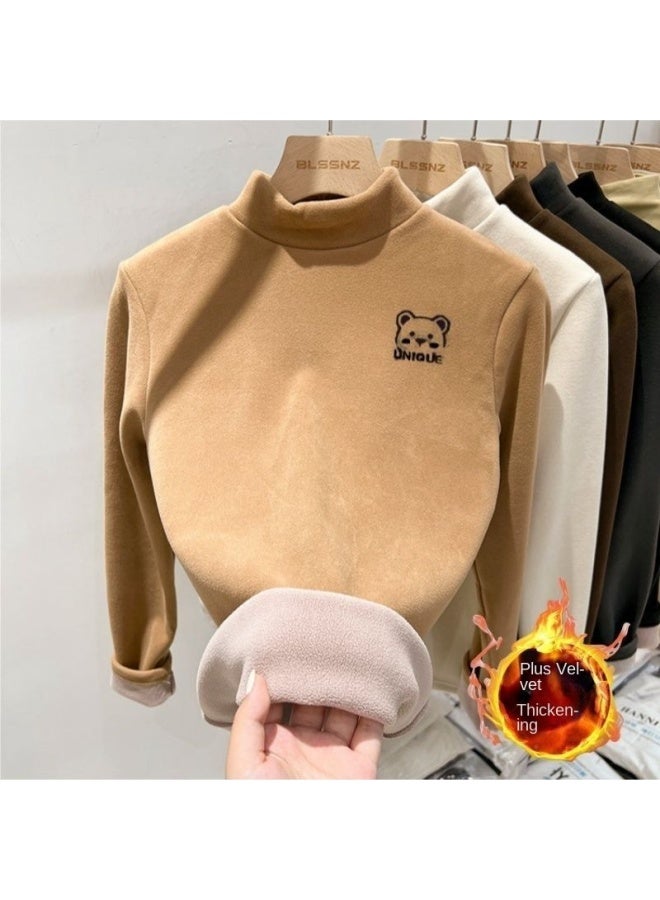 Boys And Girls Velvet Thickeneded Bottoming Tops Autumn And Winter Baby Half Turtleneck Warm Clothes Medium And Large Kidsren's Long-sleeved T-shirts - Image 1