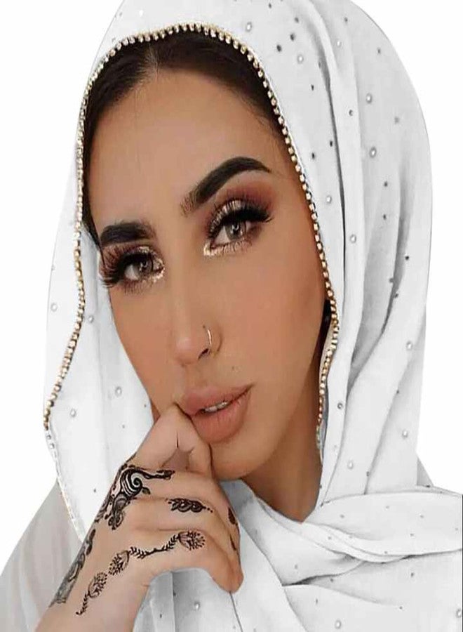 Piewag Hijab Scarf for Women Soft Chiffon Rhinestone Long Scarf Shawl Fashion Muslim Hijab Head Wrap Scarves White - Image 1