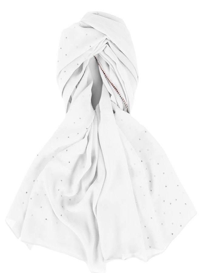 Piewag Hijab Scarf for Women Soft Chiffon Rhinestone Long Scarf Shawl Fashion Muslim Hijab Head Wrap Scarves White - Image 5