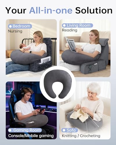 ENITYA Extra Large Ergonomic Gaming & Reading Pillow with Arm & Elbow Support – U-Shaped Lap Pillow for Adults & Kids Crocheting, Knitting, Nursing, or Working in Bed, Washable Suede Cover (Grey) - Image 4
