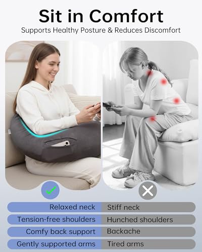 ENITYA Extra Large Ergonomic Gaming & Reading Pillow with Arm & Elbow Support – U-Shaped Lap Pillow for Adults & Kids Crocheting, Knitting, Nursing, or Working in Bed, Washable Suede Cover (Grey) - Image 3
