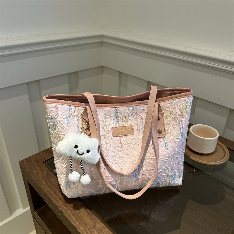 Casual Commuting Large Capacity Bag Women'S Fashion College Student Class Shoulder Striped Embroidered Tote Bag - Image 4