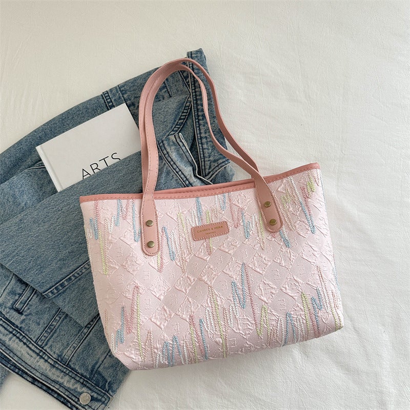 Casual Commuting Large Capacity Bag Women'S Fashion College Student Class Shoulder Striped Embroidered Tote Bag - Image 1