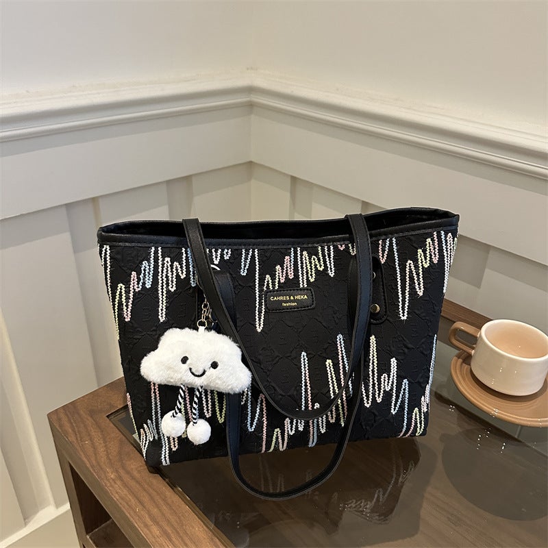 Casual Commuting Large Capacity Bag Women'S Fashion College Student Class Shoulder Striped Embroidered Tote Bag - Image 2