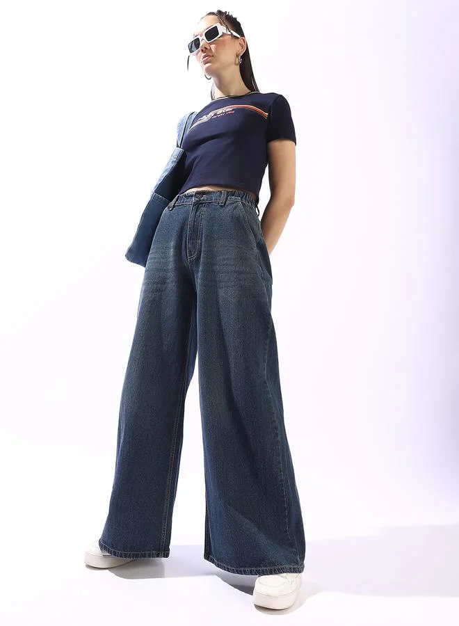 HIGH STAR Women's Blue 100% Cotton Textured Full Wide Leg Jeans