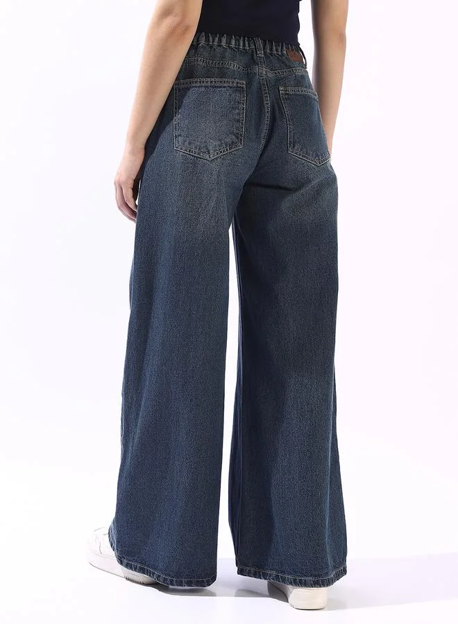 هاي ستار Women's Blue 100% Cotton Textured Full Wide Leg Jeans