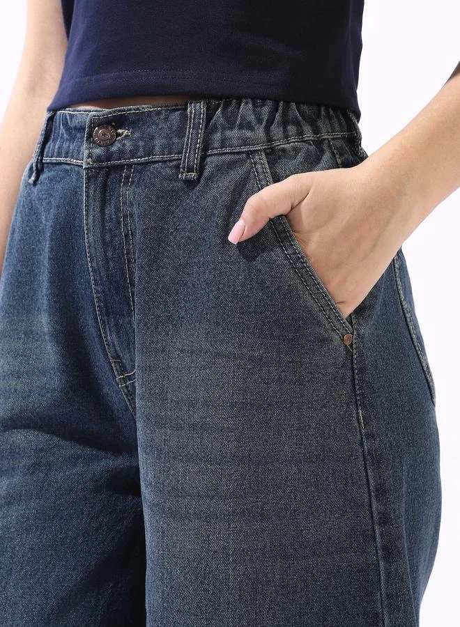 هاي ستار Women's Blue 100% Cotton Textured Full Wide Leg Jeans