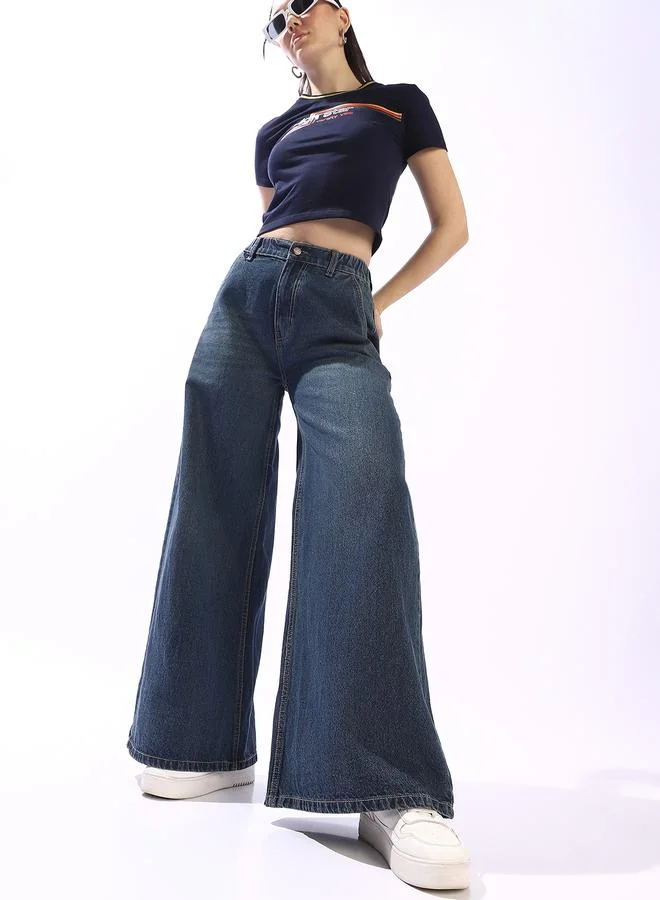 هاي ستار Women's Blue 100% Cotton Textured Full Wide Leg Jeans
