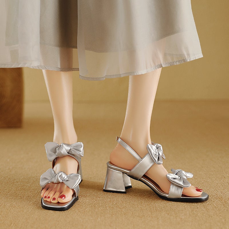 2024 Summer Sweet Bow High Heel 32-48 Size Square Head Buckle All-Match Women'S Sandals - Image 5