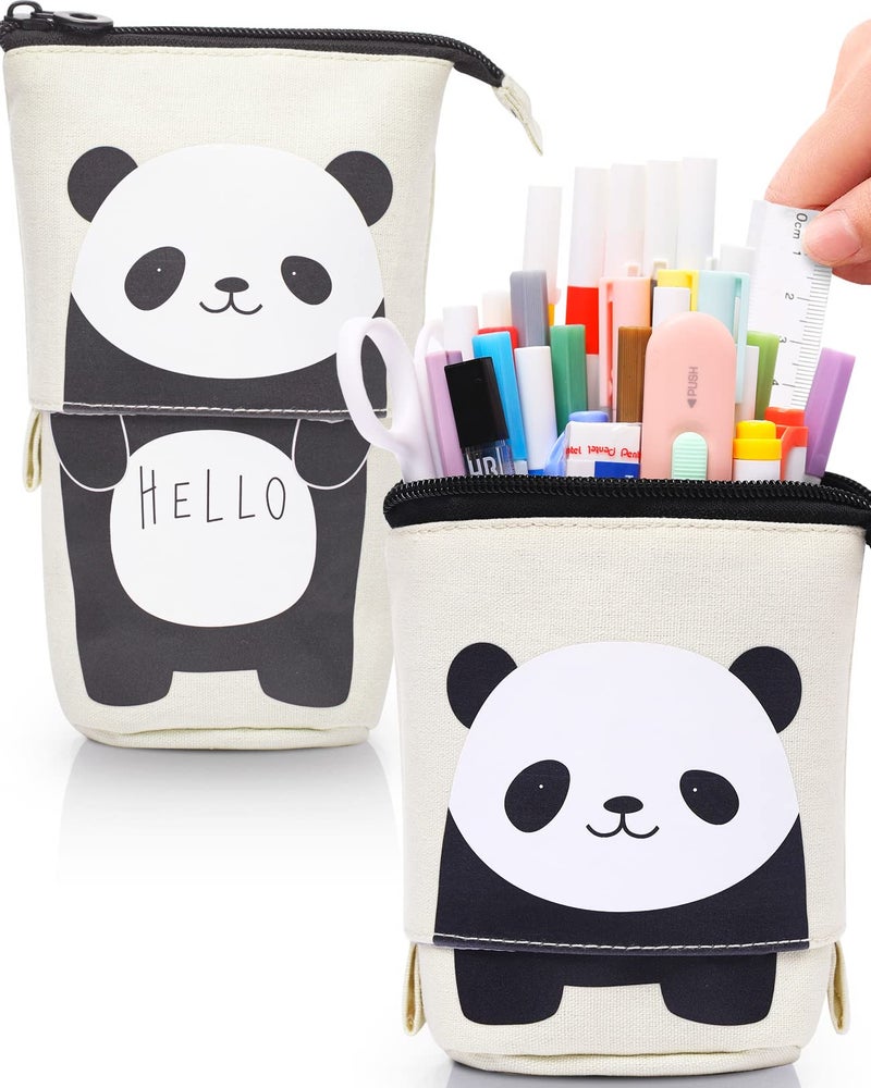 Sooez Standing Pencil Case, Cute Stand up Pencil Pouch, Telescopic Pen Pouch, Portable Pencil Holder, Kawaii Stand up Pencil Case, Spacious Pencil Pouch Bag for School Office Supplies, Beige Panda - Image 1