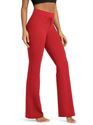 ODODOS Women's Drawstring Tie Flared Pants High Waist Bootcut Workout Yoga Pants - 30" Inseam, Red, X-Small - Image 1