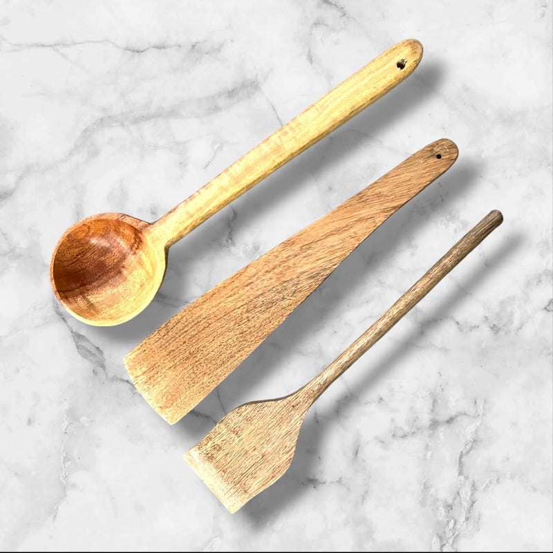 OGGN Handmade Neem Wood Spoon Spatula Set of 3 Wooden Spoons Spatulas Combo NonSticky Ladles Palta Turner Pasta Serving Spoon for FlippingFryingServing Food Pack of 3 - Image 1