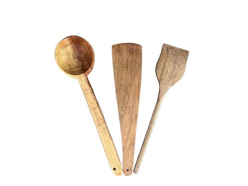 OGGN Handmade Neem Wood Spoon Spatula Set of 3 Wooden Spoons Spatulas Combo NonSticky Ladles Palta Turner Pasta Serving Spoon for FlippingFryingServing Food Pack of 3 - Image 2