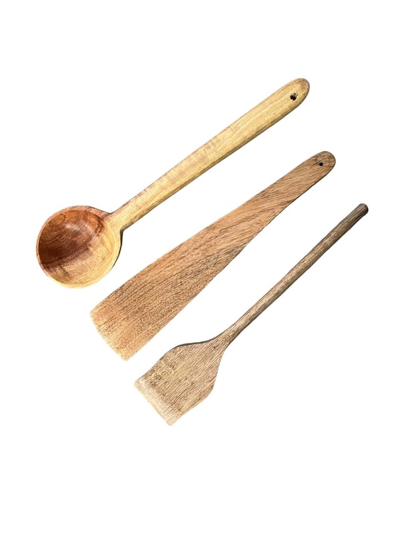 OGGN Handmade Neem Wood Spoon Spatula Set of 3 Wooden Spoons Spatulas Combo NonSticky Ladles Palta Turner Pasta Serving Spoon for FlippingFryingServing Food Pack of 3 - Image 3
