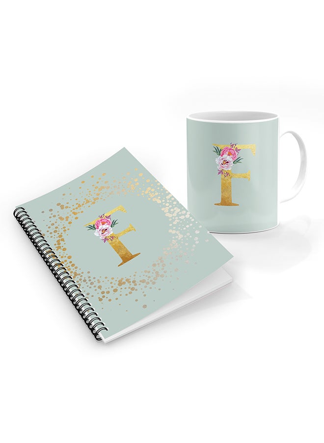 Stylizedd Printed Coffee Mug + A5 Spiral Notebook Memo Personalised Combo Gift Set -Custom Monogram Initial Letter Floral Pattern Alphabet - F  ( Light Green )