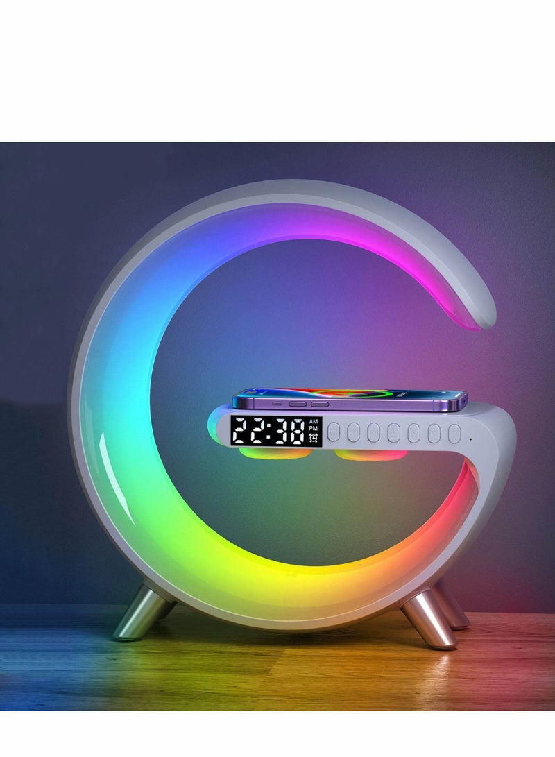 Portable LED Bluetooth Speaker with Wireless Charger, RGB Night Light, App Control, and Digital Alarm Clock - Atmosphere Lamp for Desk or Bedside (White) - Image 1