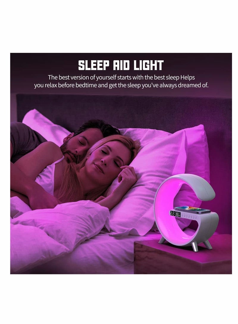 Portable LED Bluetooth Speaker with Wireless Charger, RGB Night Light, App Control, and Digital Alarm Clock - Atmosphere Lamp for Desk or Bedside (White) - Image 5