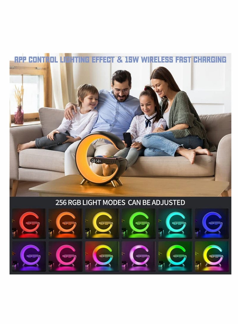 Portable LED Bluetooth Speaker with Wireless Charger, RGB Night Light, App Control, and Digital Alarm Clock - Atmosphere Lamp for Desk or Bedside (White) - Image 2