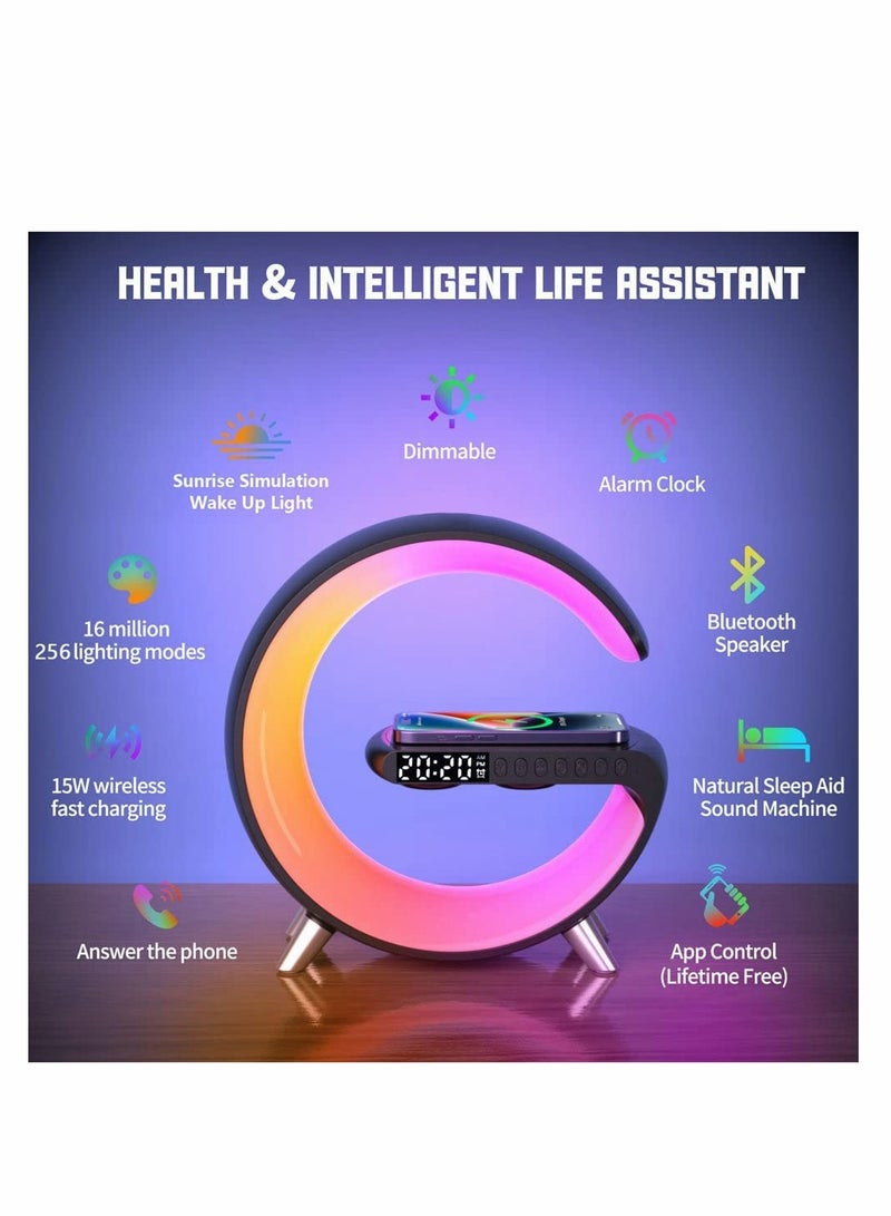 Portable LED Bluetooth Speaker with Wireless Charger, RGB Night Light, App Control, and Digital Alarm Clock - Atmosphere Lamp for Desk or Bedside (White) - Image 3