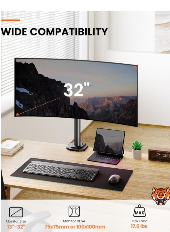 TIGER Monitor Mount for 13-32'' Screens – Adjustable Height and Angle, Supports Up to 17.6lbs, Improved LCD/LED Riser, Single Desk Mount Stand, Black  - Image 2
