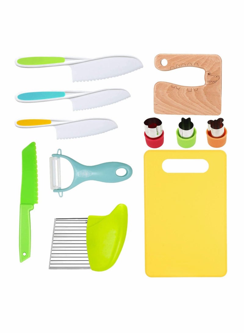 Excefore Wooden Kids Kitchen Knife Set Include Wood Kids Safe Knife, Serrated Edges Plastic Toddler Knife, Crinkle Cutter, Sandwich Cutter, Y Peeler, Cutting Board, 11 Pieces - Image 1