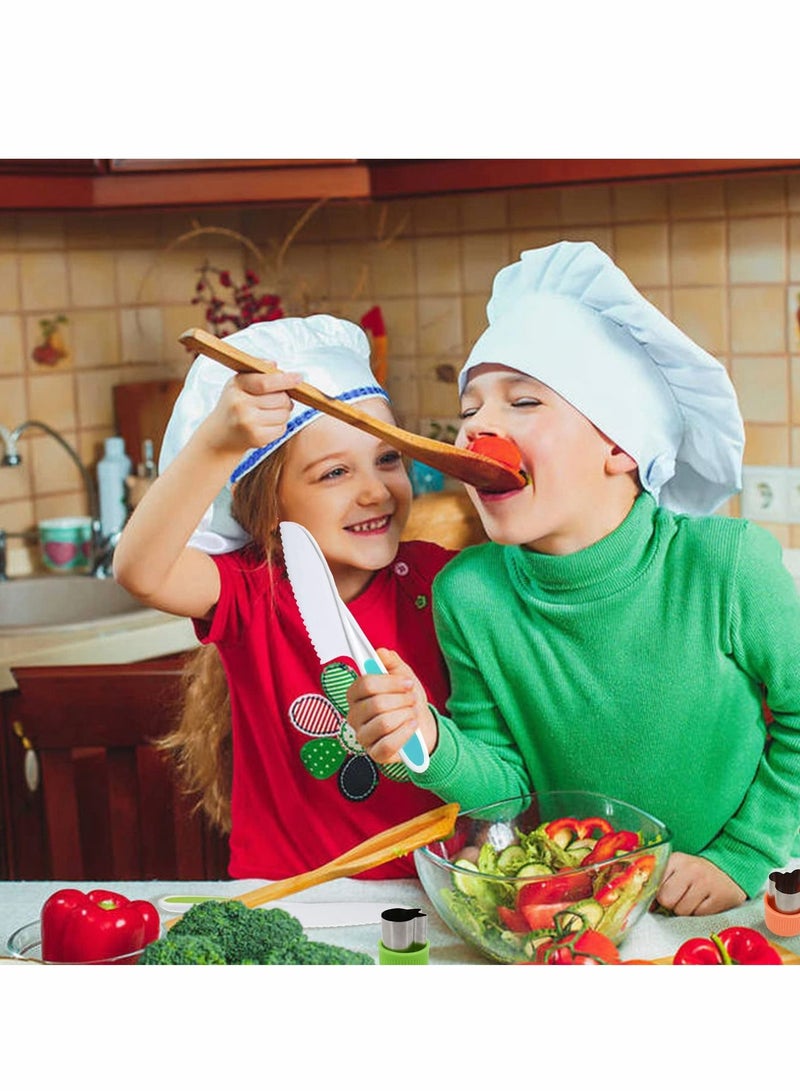 Excefore Wooden Kids Kitchen Knife Set Include Wood Kids Safe Knife, Serrated Edges Plastic Toddler Knife, Crinkle Cutter, Sandwich Cutter, Y Peeler, Cutting Board, 11 Pieces - Image 2