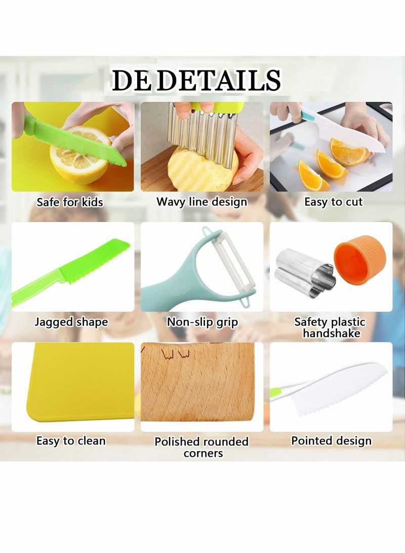 Excefore Wooden Kids Kitchen Knife Set Include Wood Kids Safe Knife, Serrated Edges Plastic Toddler Knife, Crinkle Cutter, Sandwich Cutter, Y Peeler, Cutting Board, 11 Pieces - Image 3