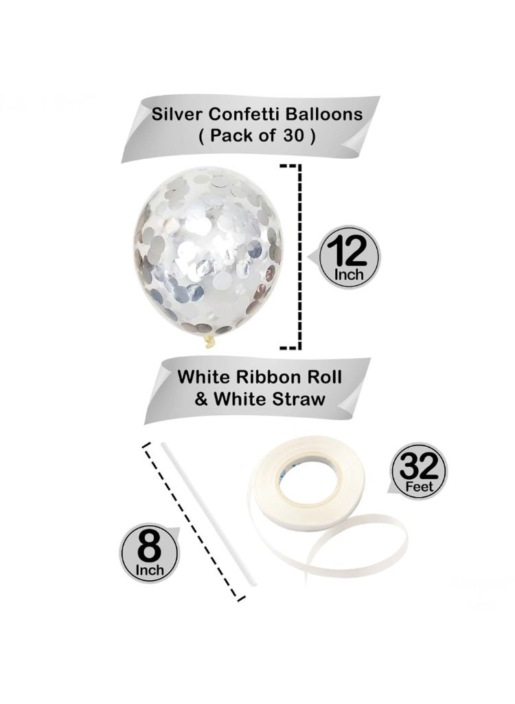 مجموعة بالونات كونفتي فضية - عبوة من ٣٠ بالون، مقاس ١٢ إنش | تزيين حفلات بالونات فضية | بالونات كونفتي فضية لتزيين حفلات أعياد الميلاد | بالونات لاتكس لحفلات الزفاف، المنزل، أو تزيين المكتب - Image 3