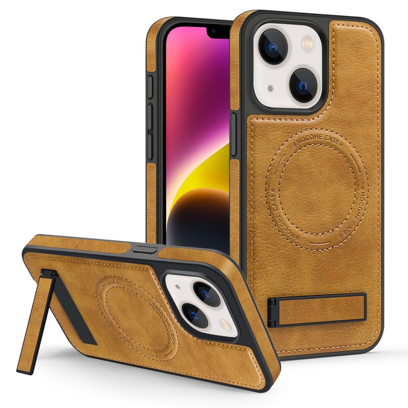 HuHa Protective Cover For iPhone 14 Plus Multi-function Holder MagSafe PU Phone Case(Brown) - Image 1