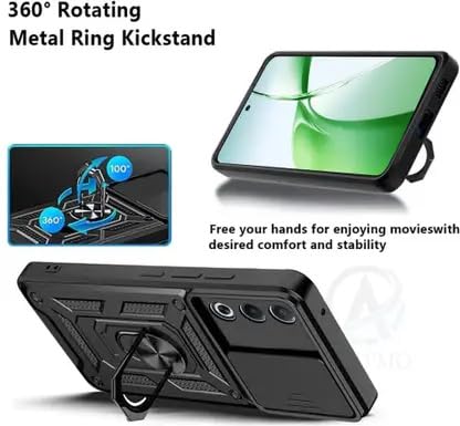 SPAZY CASE® Oppo K13x 5g Back Cover | Heavy Duty Hybrid Case with 360 Degree Rotating Finger Ring Holder + Slider Shutter Camera Protection Case for Oppo K13x 5g - Black - Image 4