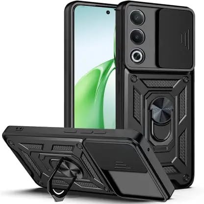 SPAZY CASE® Oppo K13x 5g Back Cover | Heavy Duty Hybrid Case with 360 Degree Rotating Finger Ring Holder + Slider Shutter Camera Protection Case for Oppo K13x 5g - Black - Image 1