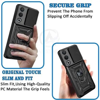 SPAZY CASE® Oppo K13x 5g Back Cover | Heavy Duty Hybrid Case with 360 Degree Rotating Finger Ring Holder + Slider Shutter Camera Protection Case for Oppo K13x 5g - Black - Image 3