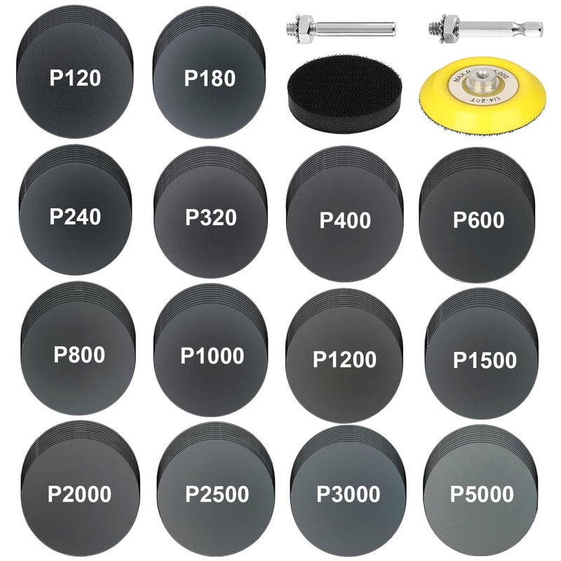 140Pcs 3 Inch Wet Dry Sanding Discs Assorted 120 to 5000 Grit Silicon Carbide Hook Loop Sandpaper with 14 Shank Sanding Pads and Foam Buffering Pad for Wood Metal Car Polishing Finishing