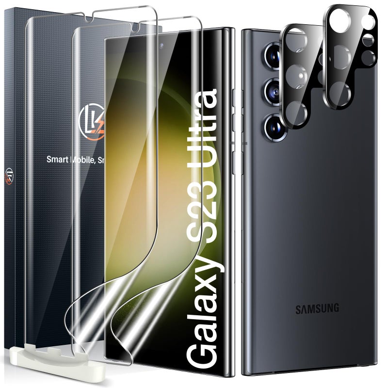ال كي قطعتان من واقي الشاشة LK وقطعتان من واقي عدسة الكاميرا، متوافق مع هاتف Samsung Galaxy S23 Ultra 5G، طبقة TPU شفافة عالية الدقة، صديقة للحافظة، تدعم فتح بصمة الإصبع، خالية من الفقاعات - Image 1