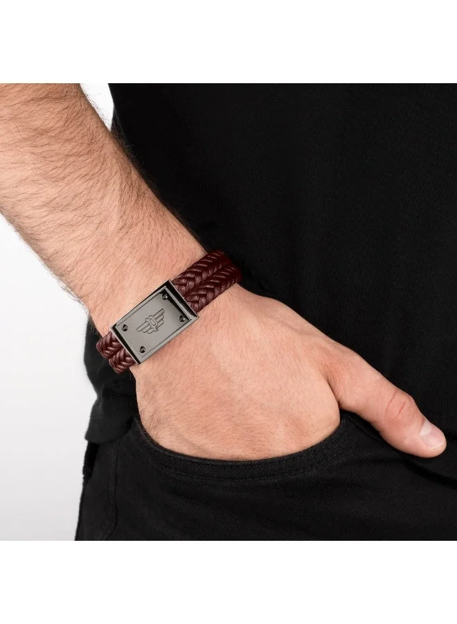 POLICE Valorious Brown and Black Leather Logo Bracelet for Men Size S
