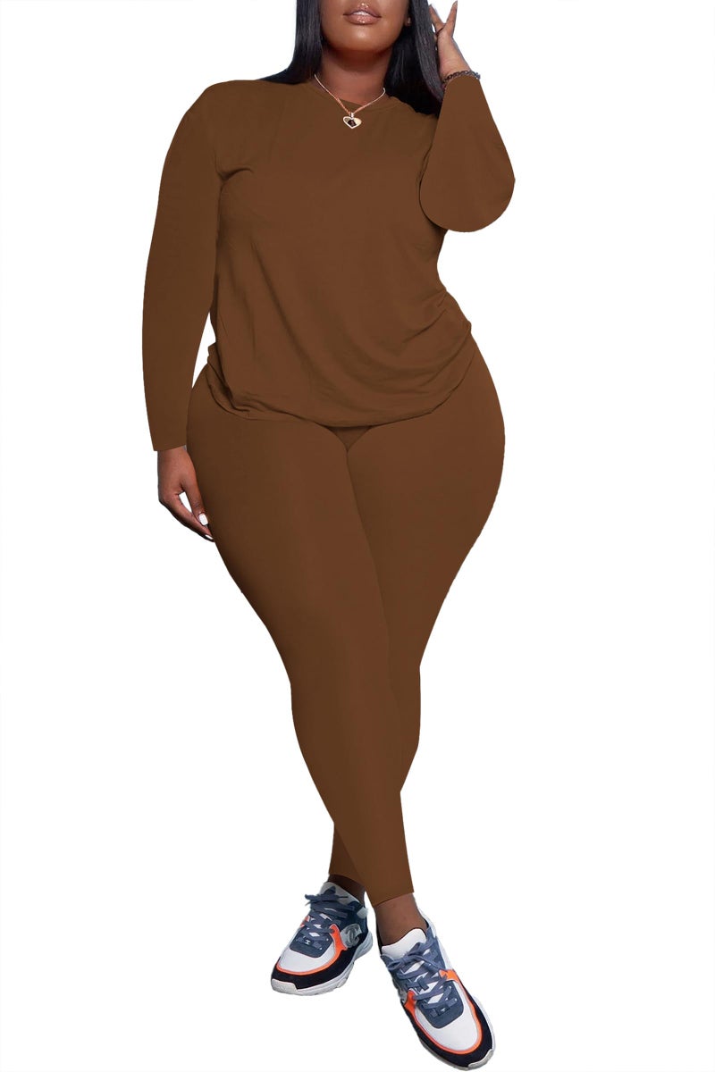 PINSV Women's Plus Size 2 Piece Outfits Tracksuits Long Sleeve Top Pants Sets Loungewear Sweatsuits Brown 1XL - Image 2