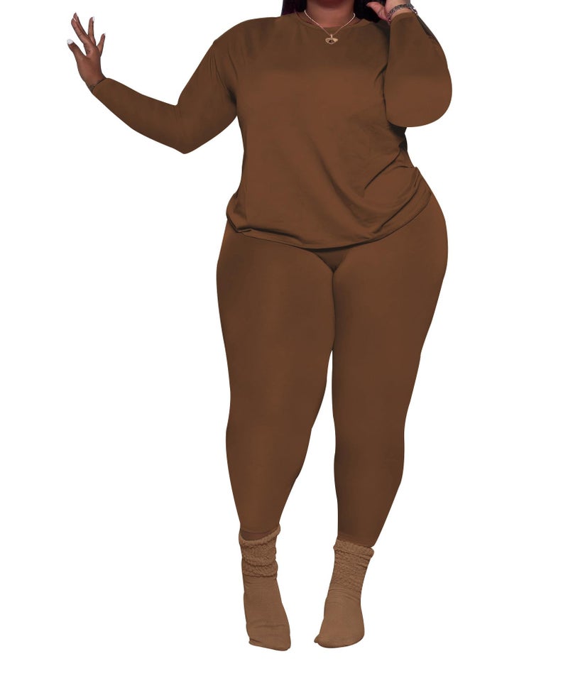 PINSV Women's Plus Size 2 Piece Outfits Tracksuits Long Sleeve Top Pants Sets Loungewear Sweatsuits Brown 1XL - Image 1
