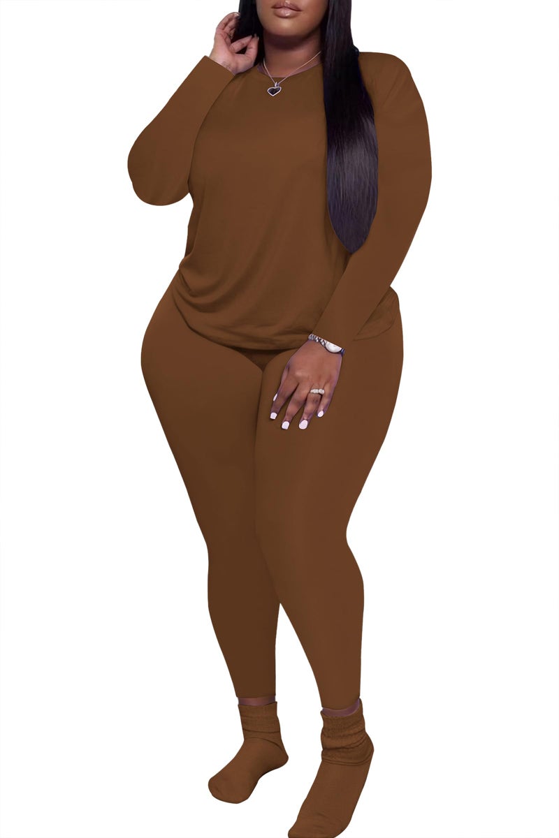 PINSV Women's Plus Size 2 Piece Outfits Tracksuits Long Sleeve Top Pants Sets Loungewear Sweatsuits Brown 1XL - Image 3