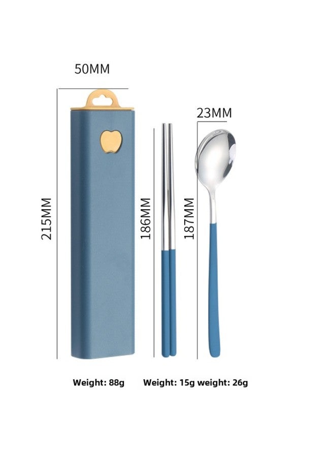 304 Stainless Steel Tableware Creative Korean Spoon Fork Chopsticks Three-piece Set Student Portable Gift Set Logo-Specifications: Ink Blue + Silver 2 Piece Set - Image 1