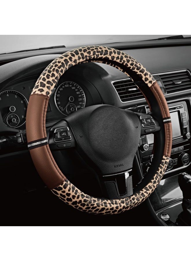 Road Comforts Leopard Steering Wheel Cover - Made with PVC Leather Cheetah Print - Anti-Slip, Universal Fit 14 1/2 inches to 15 inches - Brown - Image 1