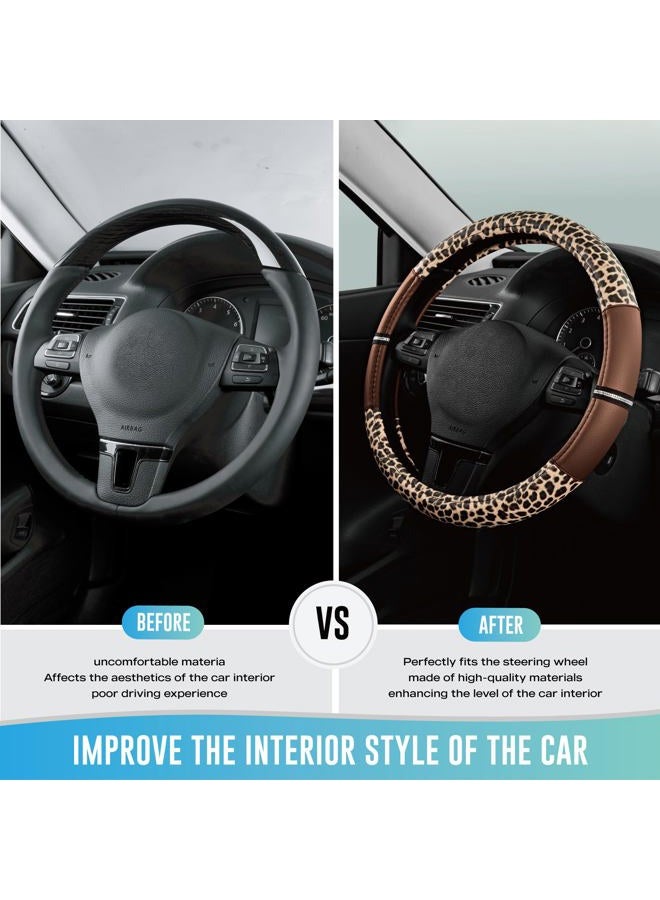 Road Comforts Leopard Steering Wheel Cover - Made with PVC Leather Cheetah Print - Anti-Slip, Universal Fit 14 1/2 inches to 15 inches - Brown - Image 3