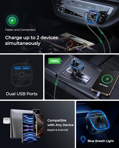 Lencent جهاز إرسال FM من LENCENT، جهاز إرسال FM بلوتوث لاسلكي، محول راديو للسيارة مع شحن مزدوج USB، جهاز استقبال صوتي، شاحن سيارة، مشغل MP3، يدعم المكالمات بدون استخدام اليدين، بطاقة TF وقرص USB - Image 5
