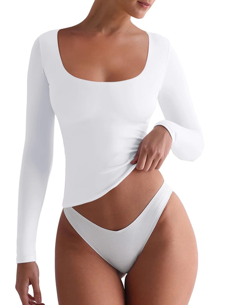 REORIA Square Neck Long Sleeve Shirts for Women Casual Basic Tops Slim Fit T Shirts Fall Outfits White Medium - Image 1