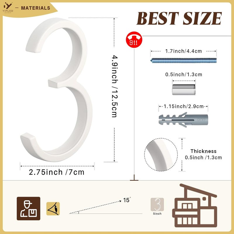 YIPLED 5 Inch House Numbers for Outside, Metal Address Number 3- Modern Design, Weather-Resistant White Crystal Powder Coated Finish, Stain Resistant, No Paint Peeling (White) - Image 3
